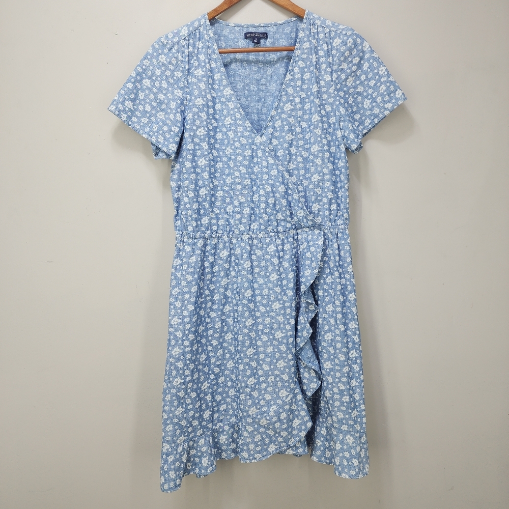 J. Crew Mercantile Ruffle Faux Wrap Chambray Dress